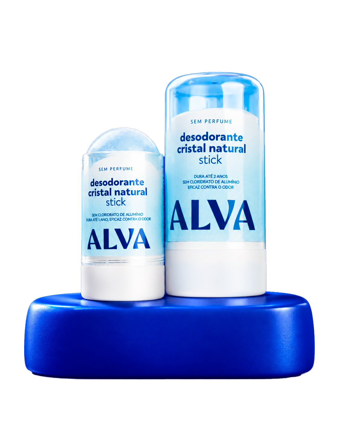 Desodorantes Cristal Alva de 60 g e 120 g sobre uma base azul